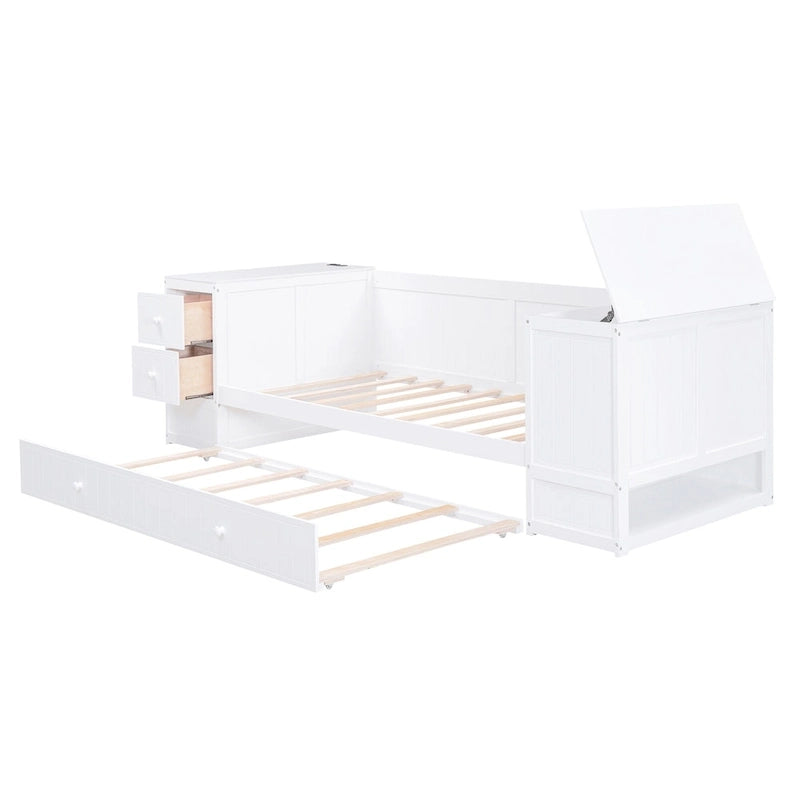 Divano letto gemello grigio/bianco con contenitore, estraibile, per 1-2 persone