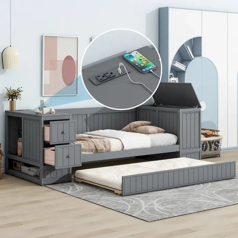 Divano letto gemello grigio/bianco con contenitore, estraibile, per 1-2 persone