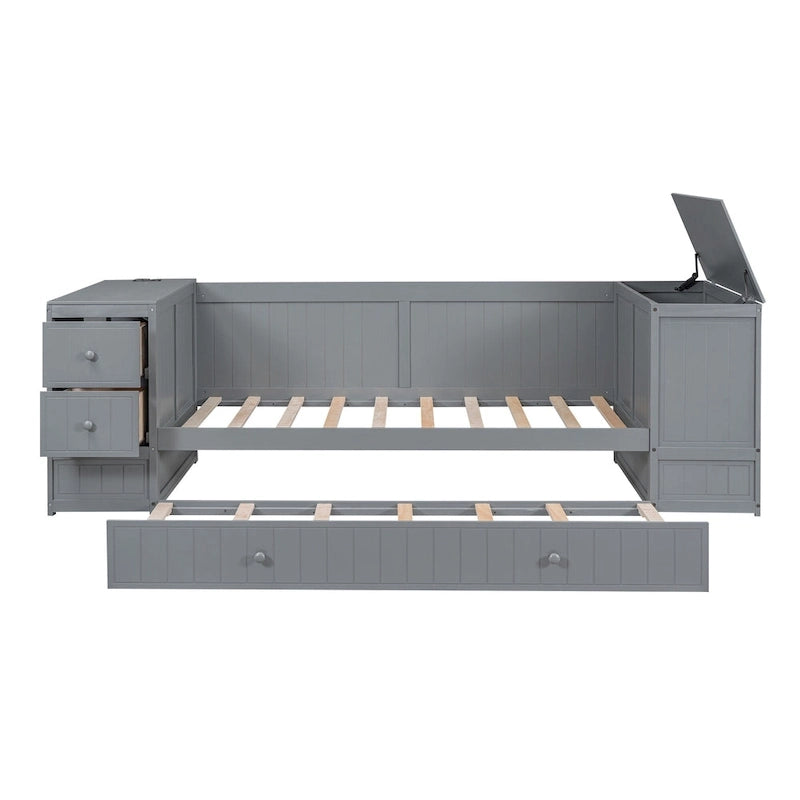 Divano letto gemello grigio/bianco con contenitore, estraibile, per 1-2 persone