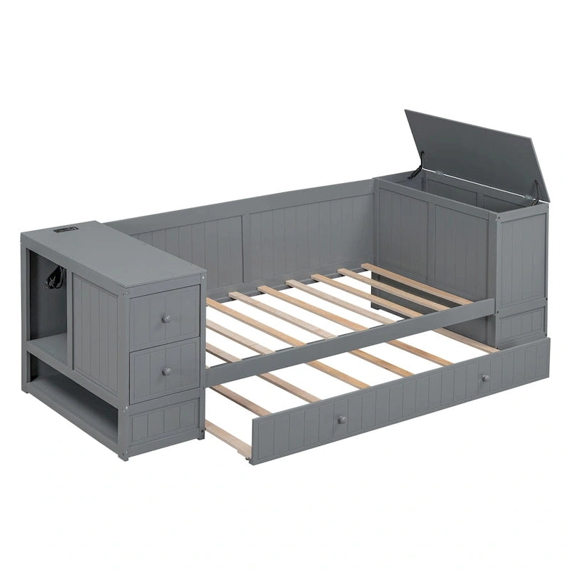 Divano letto gemello grigio/bianco con contenitore, estraibile, per 1-2 persone