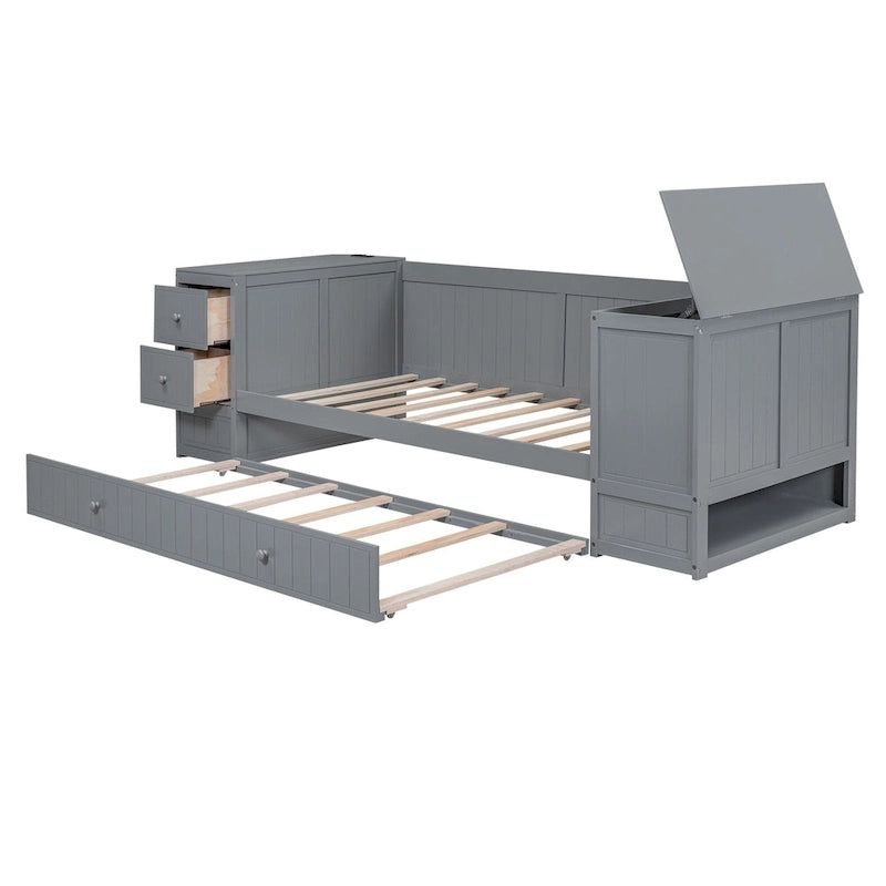 Divano letto gemello grigio/bianco con contenitore, estraibile, per 1-2 persone