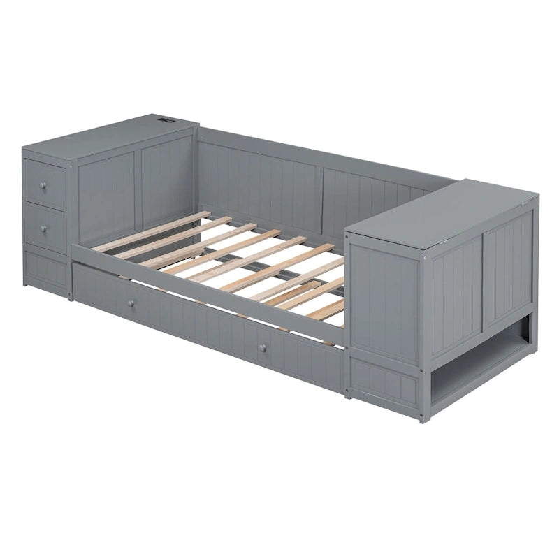Divano letto gemello grigio/bianco con contenitore, estraibile, per 1-2 persone