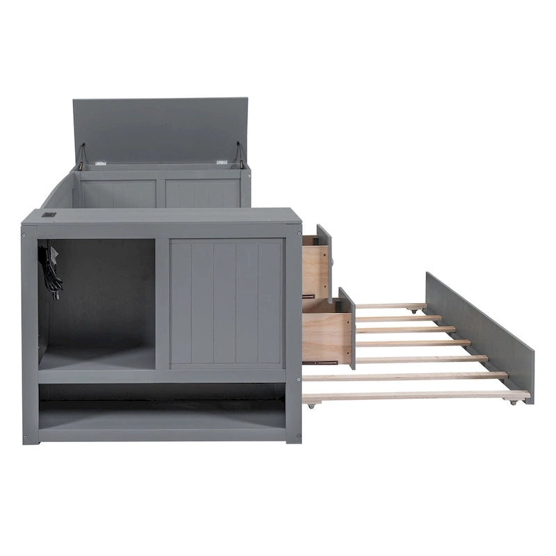 Divano letto gemello grigio/bianco con contenitore, estraibile, per 1-2 persone