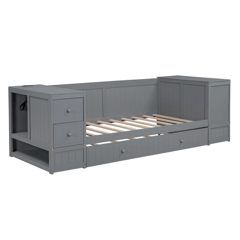 Divano letto gemello grigio/bianco con contenitore, estraibile, per 1-2 persone
