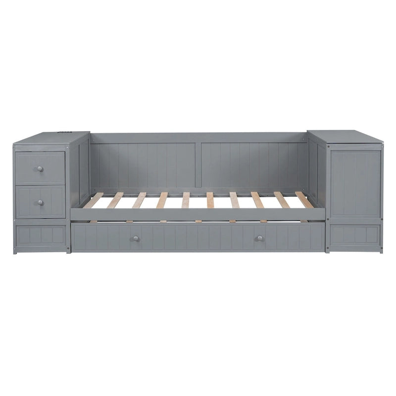 Divano letto gemello grigio/bianco con contenitore, estraibile, per 1-2 persone