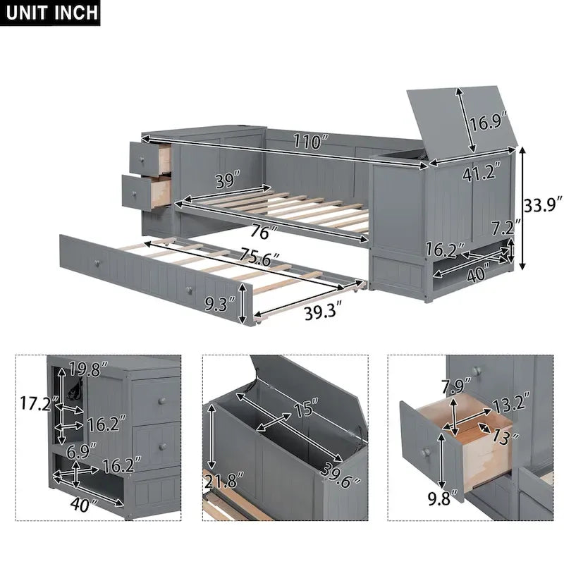 Divano letto gemello grigio/bianco con contenitore, estraibile, per 1-2 persone