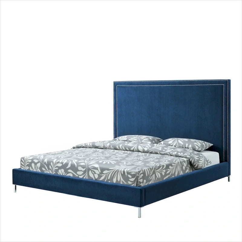 Letto king-size in velluto blu navy con borchie – Adatto per 1