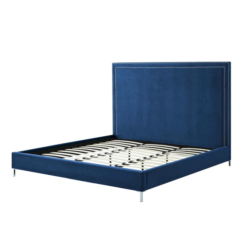 Letto king-size in velluto blu navy con borchie – Adatto per 1