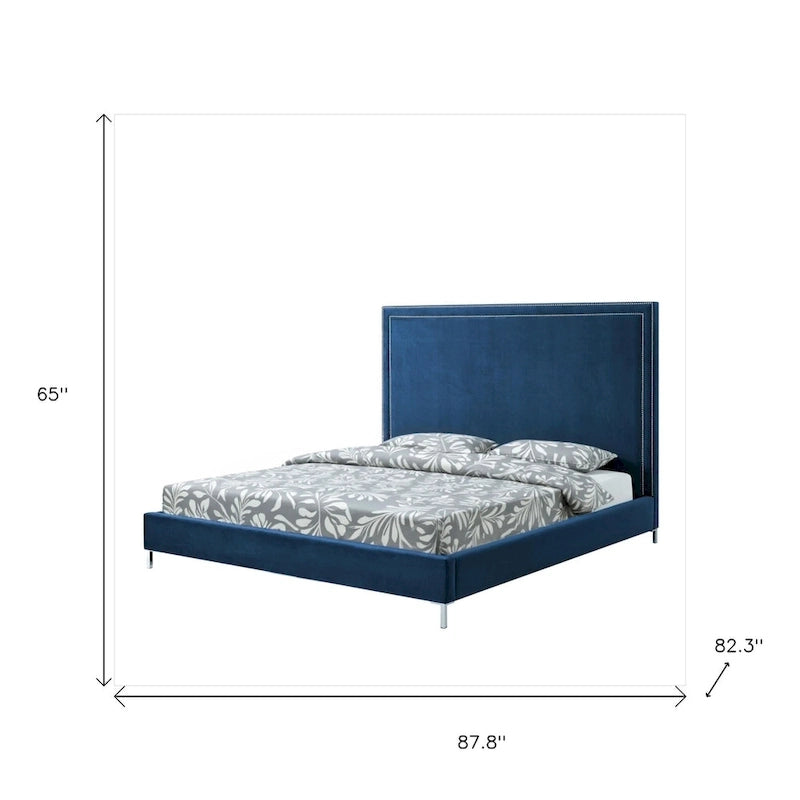 Letto king-size in velluto blu navy con borchie – Adatto per 1