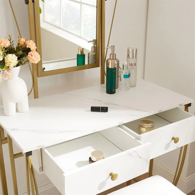 Toilette Bianca Vintage con Specchio e Sgabello, 1 Persona