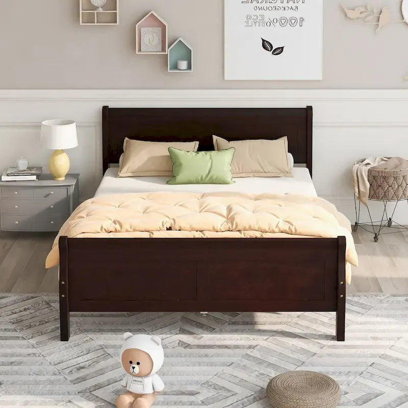 Letto matrimoniale a piattaforma in espresso/rovere con testiera e pediera