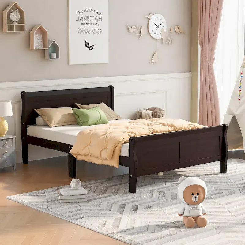 Letto matrimoniale a piattaforma in espresso/rovere con testiera e pediera