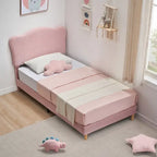 Letto a piattaforma imbottito Sherpa con testiera – Singolo, Rosa/Blu/Beige