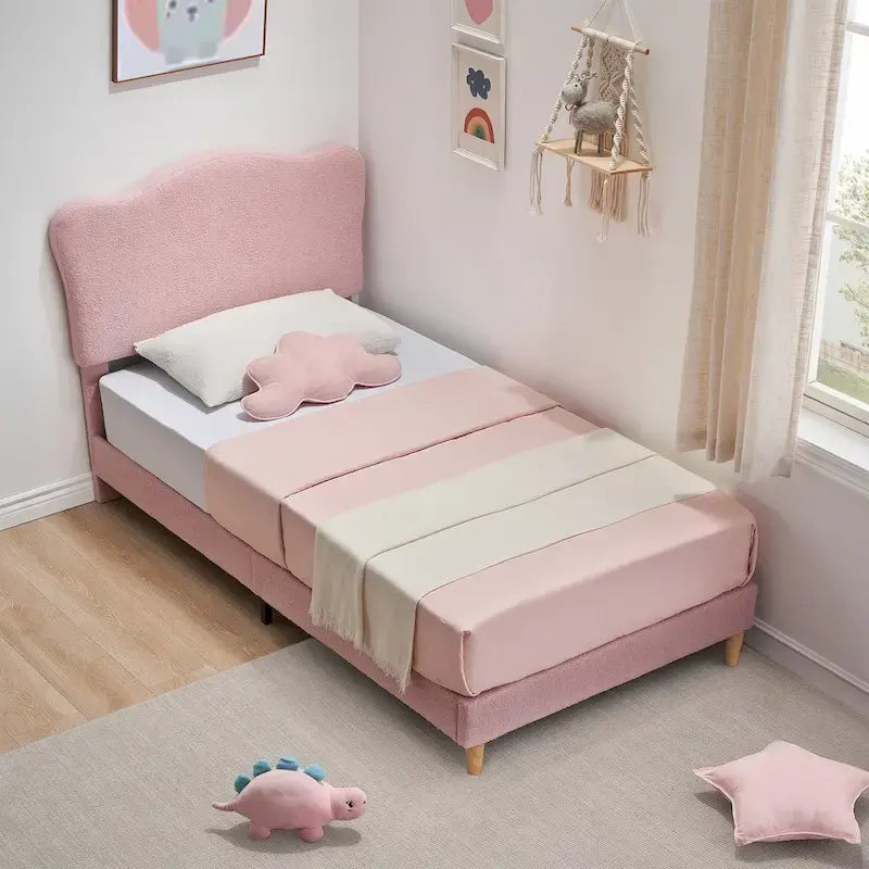 Letto a piattaforma imbottito Sherpa con testiera – Singolo, Rosa/Blu/Beige