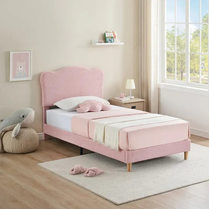 Letto a piattaforma imbottito Sherpa con testiera – Singolo, Rosa/Blu/Beige