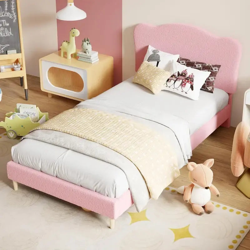Letto a piattaforma imbottito Sherpa con testiera – Singolo, Rosa/Blu/Beige