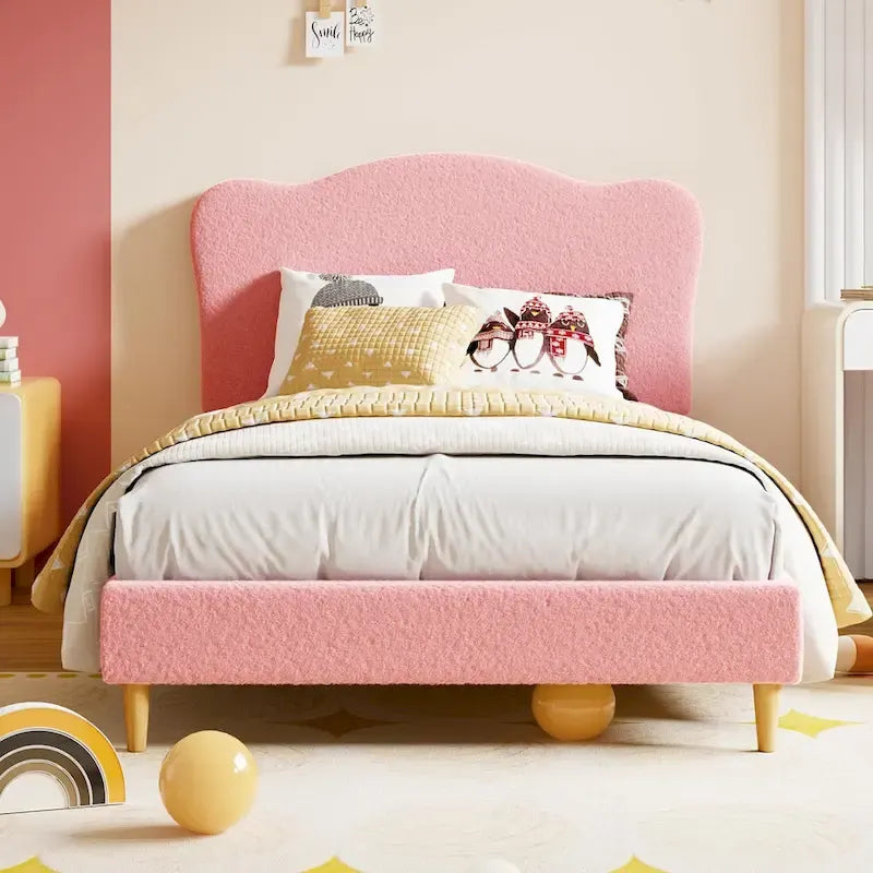 Letto a piattaforma imbottito Sherpa con testiera – Singolo, Rosa/Blu/Beige
