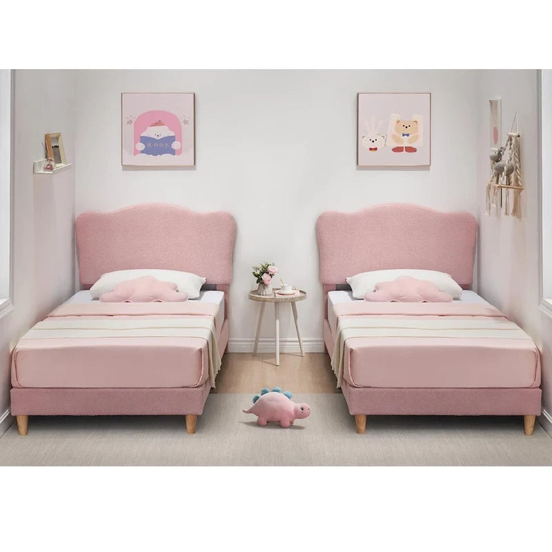 Letto a piattaforma imbottito Sherpa con testiera – Singolo, Rosa/Blu/Beige