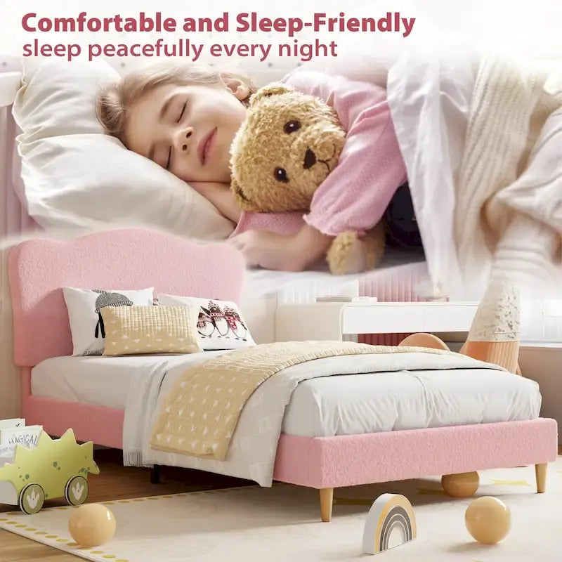 Letto a piattaforma imbottito Sherpa con testiera – Singolo, Rosa/Blu/Beige
