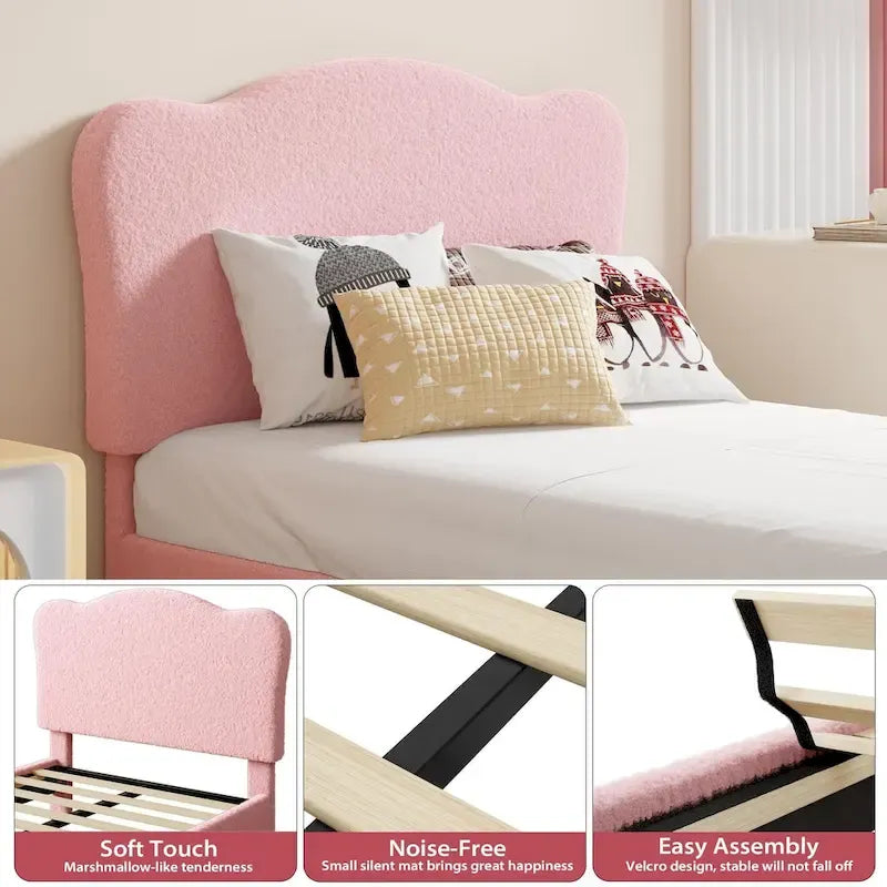 Letto a piattaforma imbottito Sherpa con testiera – Singolo, Rosa/Blu/Beige
