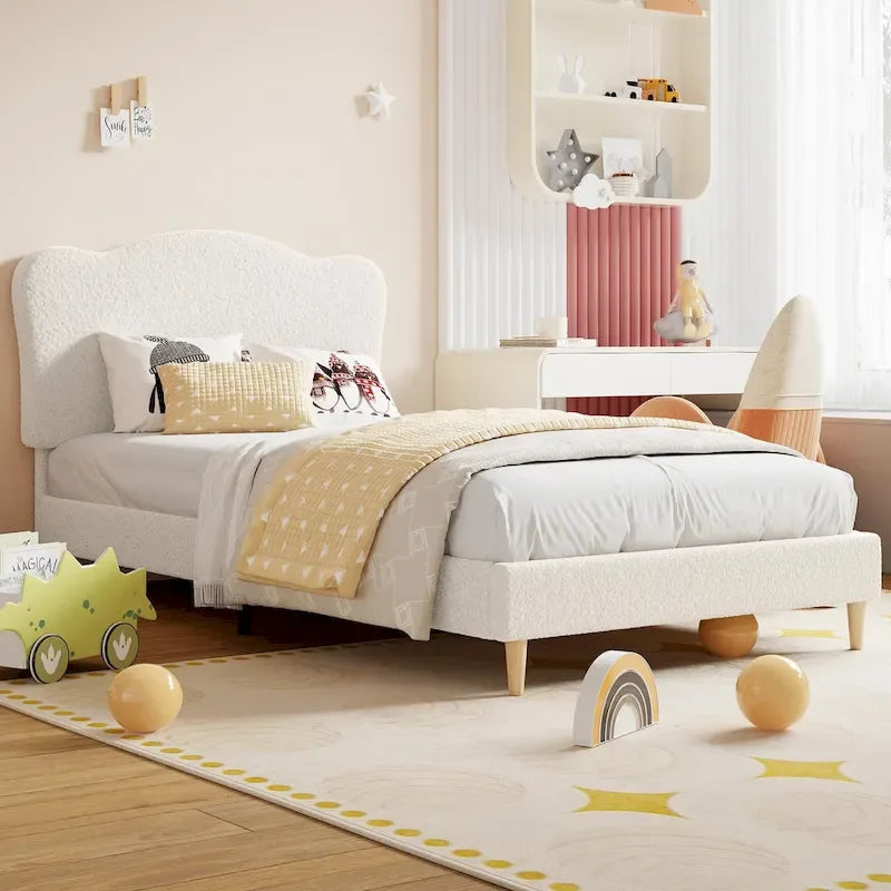 Letto a piattaforma imbottito Sherpa con testiera – Singolo, Rosa/Blu/Beige