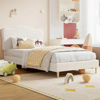 Letto a piattaforma imbottito Sherpa con testiera – Singolo, Rosa/Blu/Beige