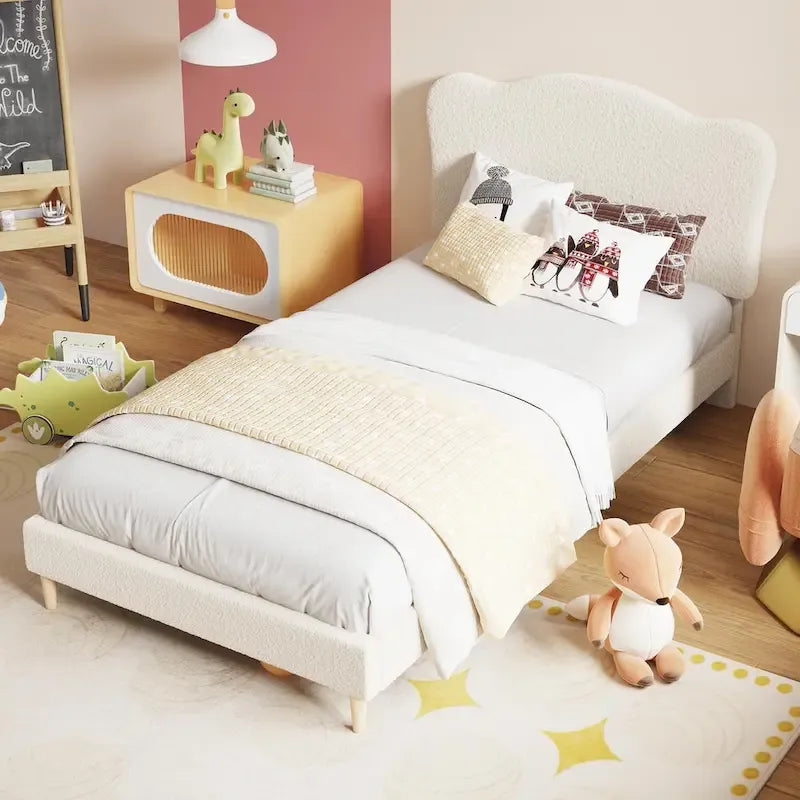 Letto a piattaforma imbottito Sherpa con testiera – Singolo, Rosa/Blu/Beige