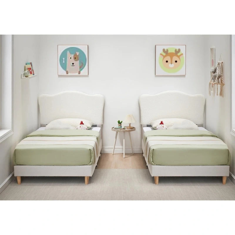Letto a piattaforma imbottito Sherpa con testiera – Singolo, Rosa/Blu/Beige