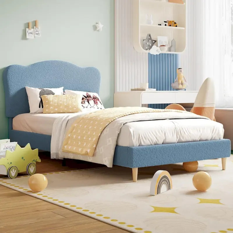 Letto a piattaforma imbottito Sherpa con testiera – Singolo, Rosa/Blu/Beige