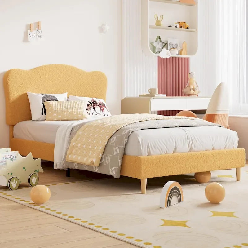 Letto a piattaforma imbottito Sherpa con testiera – Singolo, Rosa/Blu/Beige