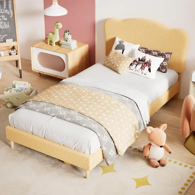 Letto a piattaforma imbottito Sherpa con testiera – Singolo, Rosa/Blu/Beige