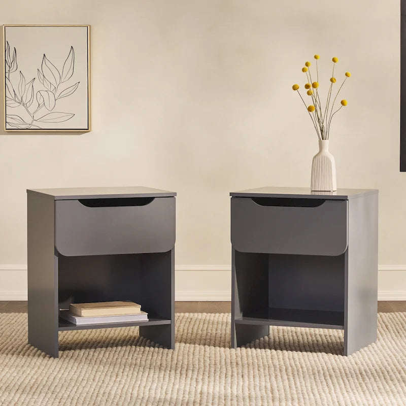 Comodino moderno a 1 cassetto con scomparto aperto, set di 2 (grigio scuro / nero / riviera / verde)