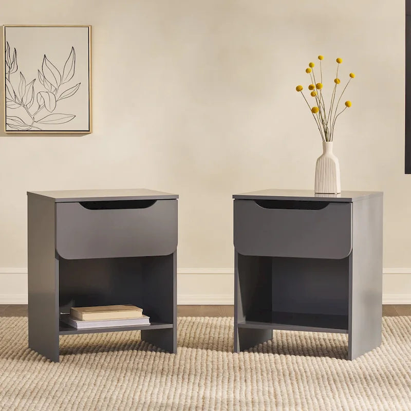 Comodino moderno a 1 cassetto con scomparto aperto, set di 2 (grigio scuro / nero / riviera / verde)