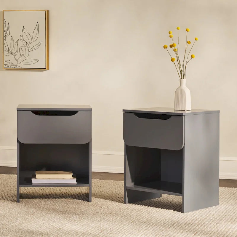 Comodino moderno a 1 cassetto con scomparto aperto, set di 2 (grigio scuro / nero / riviera / verde)