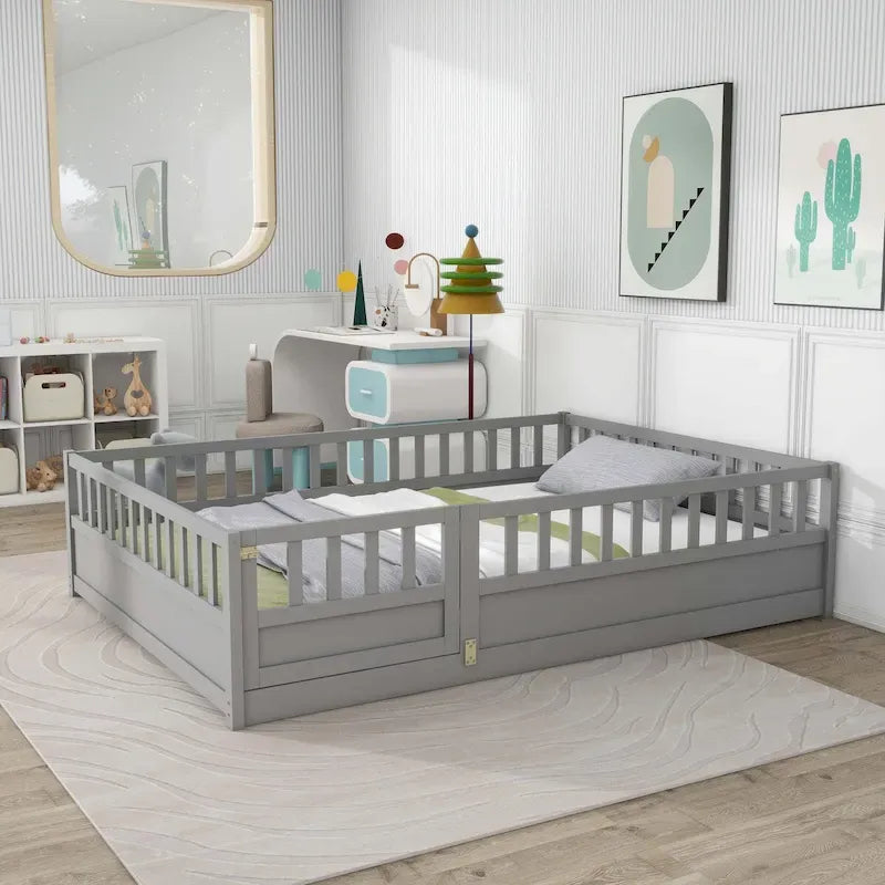 Letto a pavimento in pino bianco/grigio con spondina – Matrimoniale/Singolo, 1 bambino