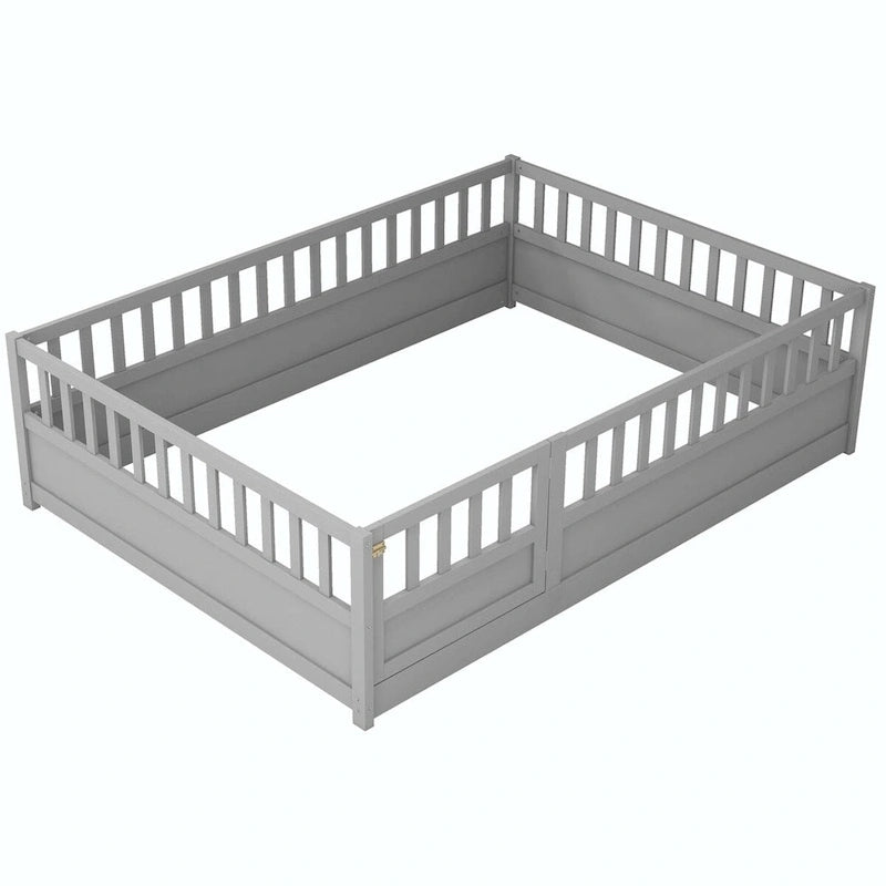 Letto a pavimento in pino bianco/grigio con spondina – Matrimoniale/Singolo, 1 bambino