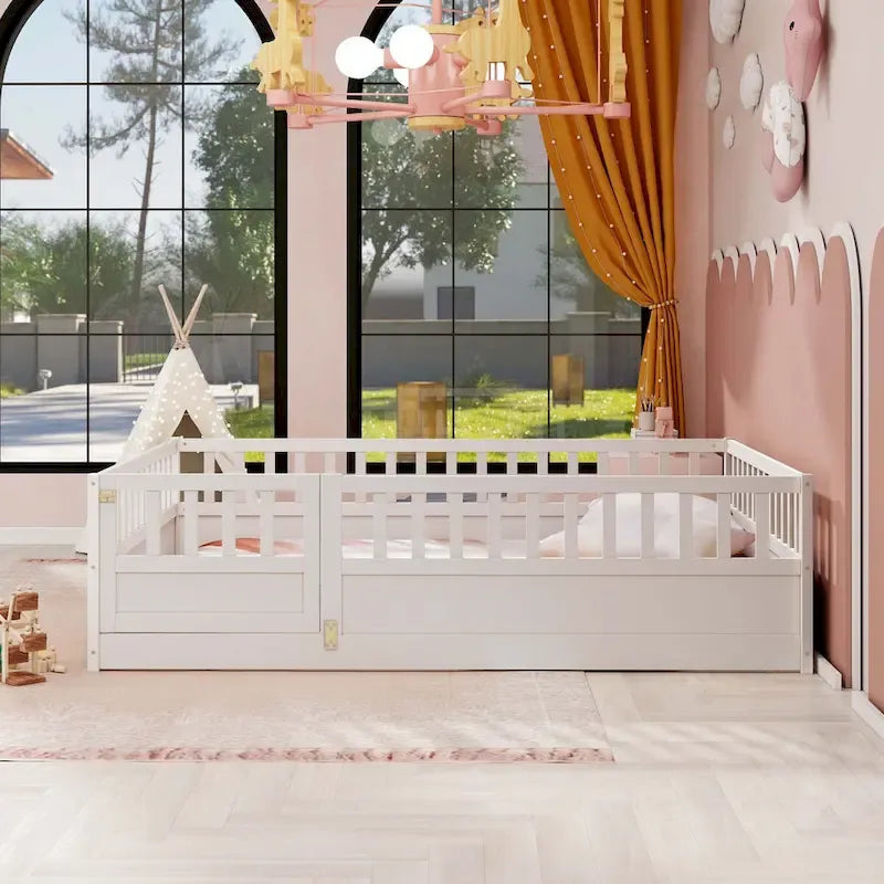 Letto a pavimento in pino bianco/grigio con spondina – Matrimoniale/Singolo, 1 bambino