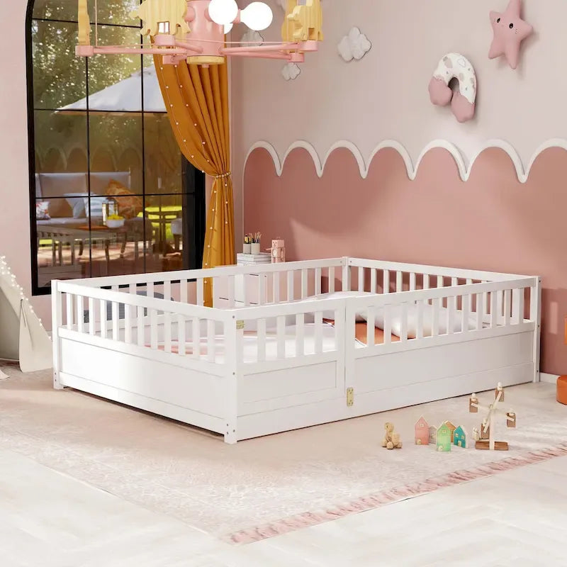 Letto a pavimento in pino bianco/grigio con spondina – Matrimoniale/Singolo, 1 bambino
