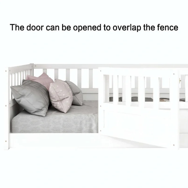 Letto a pavimento in pino bianco/grigio con spondina – Matrimoniale/Singolo, 1 bambino