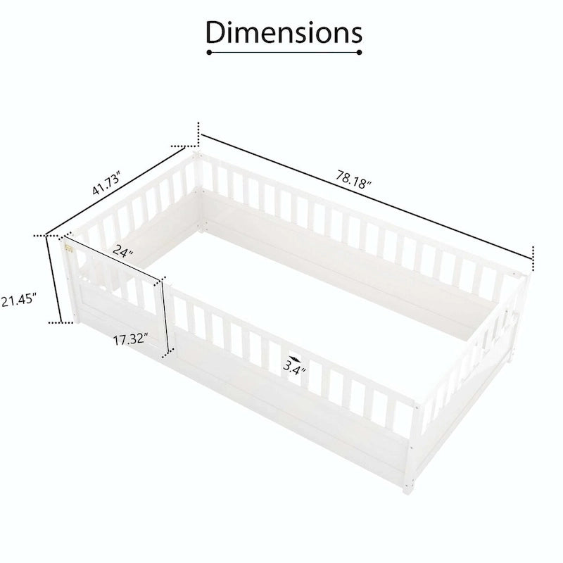 Letto a pavimento in pino bianco/grigio con spondina – Matrimoniale/Singolo, 1 bambino