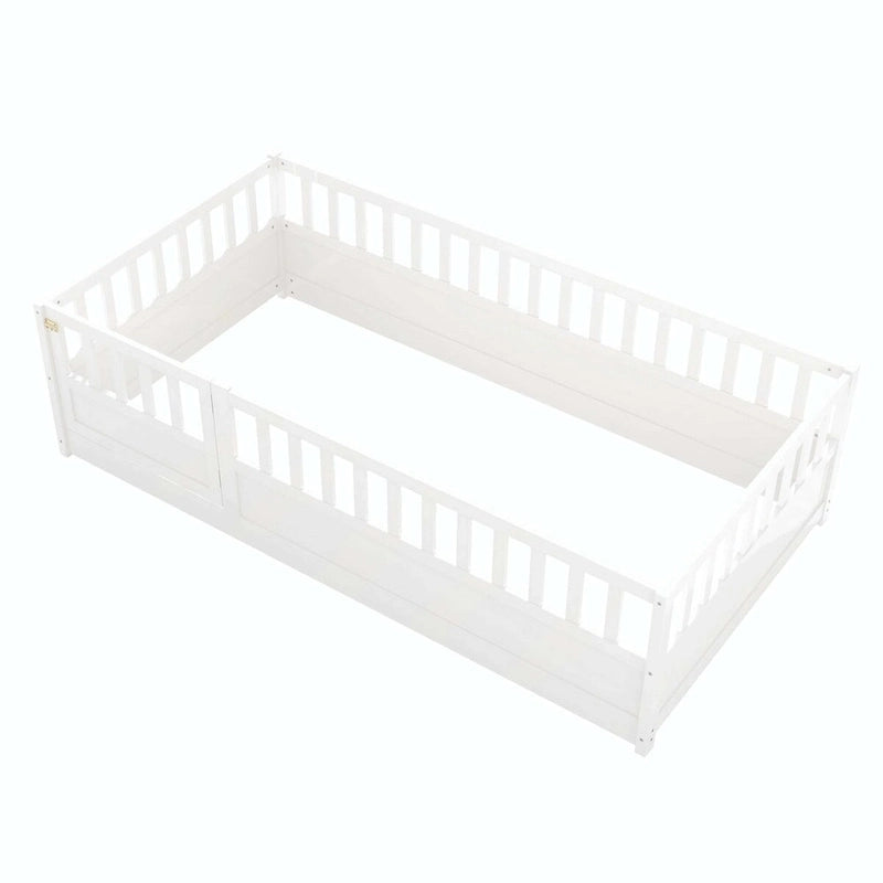 Letto a pavimento in pino bianco/grigio con spondina – Matrimoniale/Singolo, 1 bambino