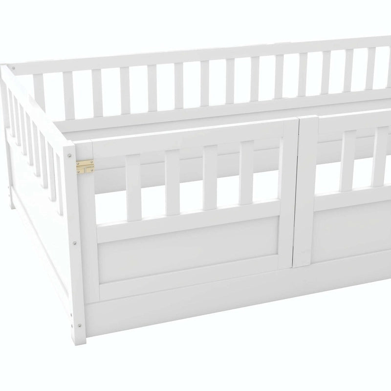Letto a pavimento in pino bianco/grigio con spondina – Matrimoniale/Singolo, 1 bambino