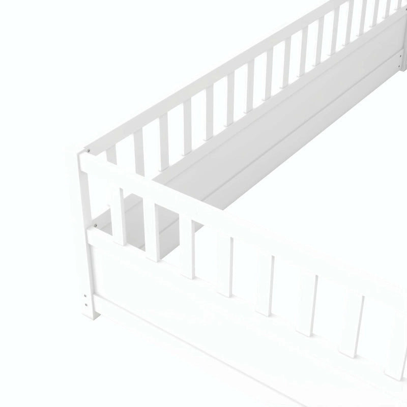 Letto a pavimento in pino bianco/grigio con spondina – Matrimoniale/Singolo, 1 bambino