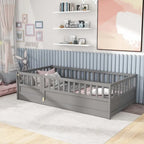 Letto a pavimento in pino bianco/grigio con spondina – Matrimoniale/Singolo, 1 bambino