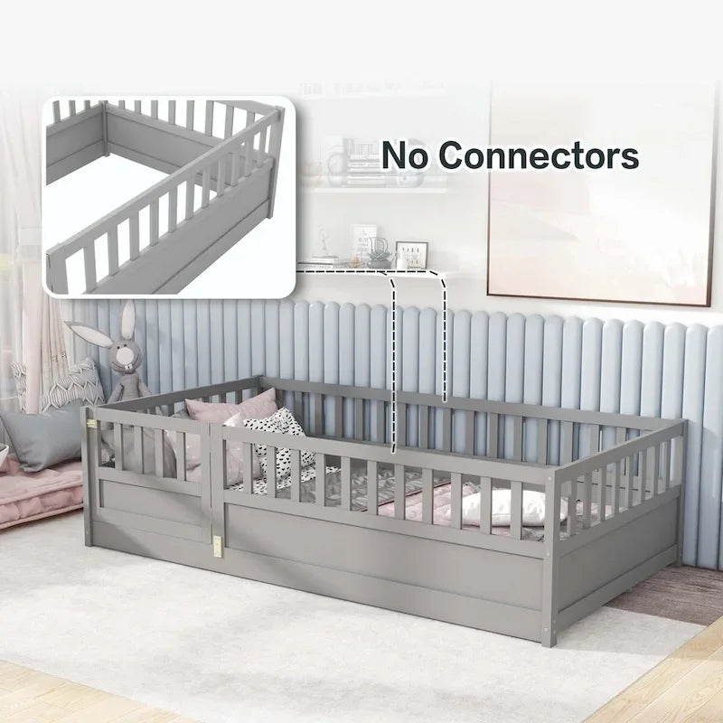 Letto a pavimento in pino bianco/grigio con spondina – Matrimoniale/Singolo, 1 bambino