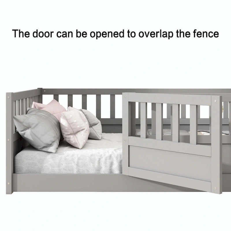 Letto a pavimento in pino bianco/grigio con spondina – Matrimoniale/Singolo, 1 bambino