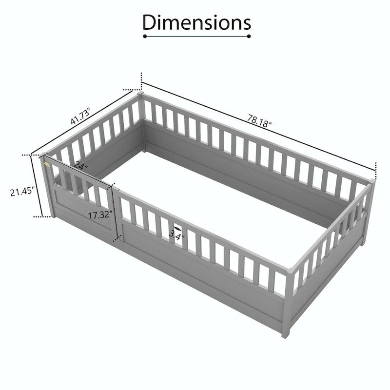 Letto a pavimento in pino bianco/grigio con spondina – Matrimoniale/Singolo, 1 bambino