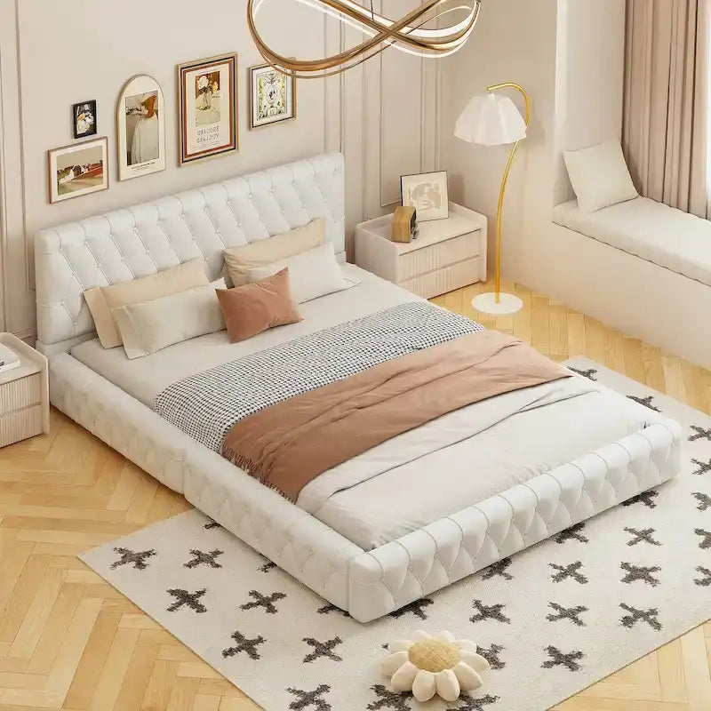 Struttura letto imbottita in velluto trapuntato rosa/bianco – Queen, adatta a 1-2 persone