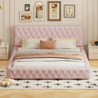Struttura letto imbottita in velluto trapuntato rosa/bianco – Queen, adatta a 1-2 persone