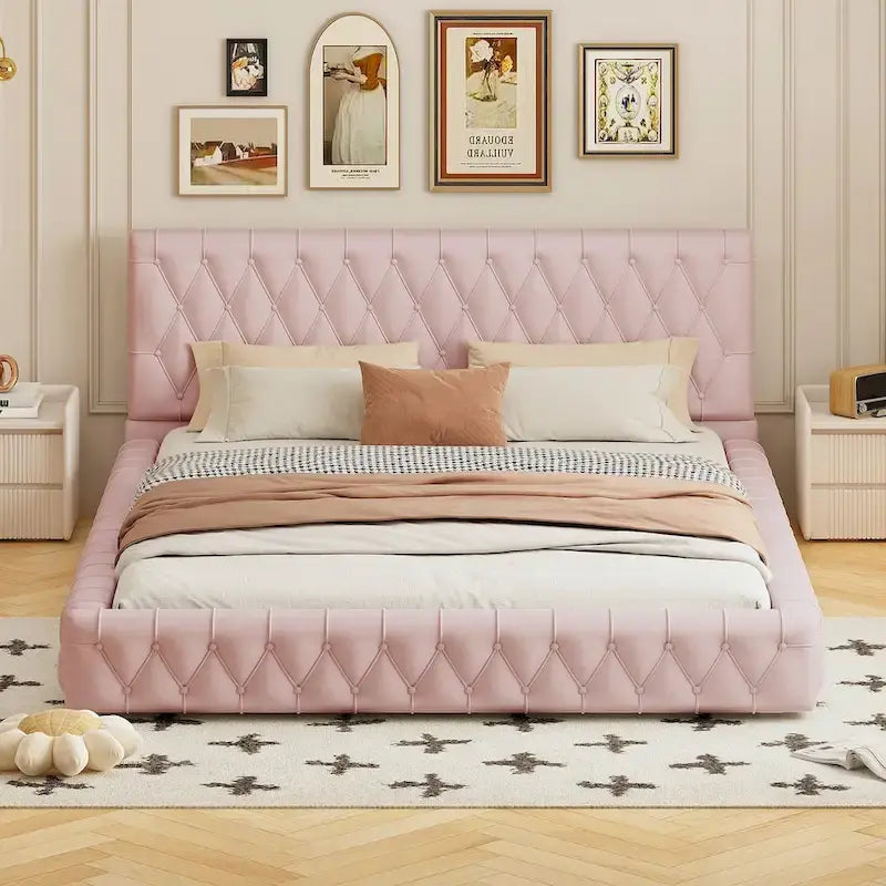 Struttura letto imbottita in velluto trapuntato rosa/bianco – Queen, adatta a 1-2 persone